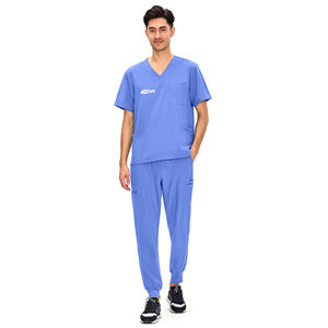 Combinaison de travail pour infirmières en polyester et élasthanne pour femmes, pantalon de jogging extensible avec plusieurs poches, blouse à col montant et manches courtes - Product Image 1