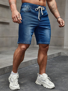 Short en jean extensible personnalisé pour hommes, short serré à la taille avec cordon de serrage, élégant et à la mode pour l'été avec poches pour hommes - Product Image 2