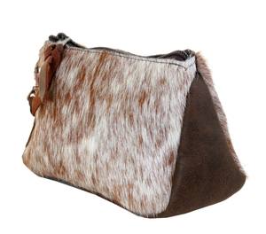 GENUINE HANDCRAFTED BLACK COLOUR GENUINE STYLISH AND DURABLE COSMETIC BAG BLACK AND WHITE PRINT COWHIDE TOOLING LEATHER BAG - Product Image 1