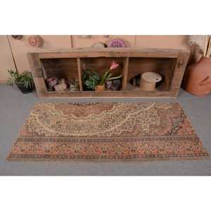 Turkish Vintage Patchwork Accent Rug 2.8x6 ft <b>Brown</b> Persian <b>Wool</b> Eco-Friendly Latex Backed - Product Image 3
