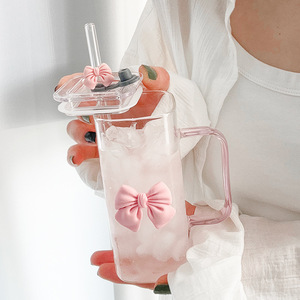 Double <b>Bow</b> Square Glass Water Cup-High-Value Heat-Resistant Office Tea Cup with Straw and Handle - Product Image 2