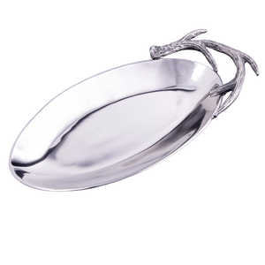 Bandeja de servicio pulida de plata ovalada de acero inoxidable con acabado reflectante y diseño de mango de asta - Product Image 1