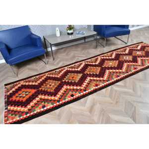Kilim Rug, 3.2x11.3 ft Vintage Rug, <b>Red</b> Ikat Rug <b>Wool</b> - Product Image 2