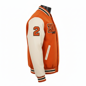 Veste universitaire pour homme en laine premium 350 GSM, manches en cuir PU 260 GSM, panneaux orange et blanc, broderie personnalisée - Product Image 5