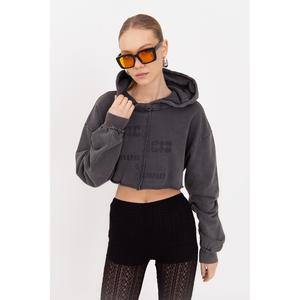 Sweat-shirt court imprimé à capuche - Anthracite - Product Image 3