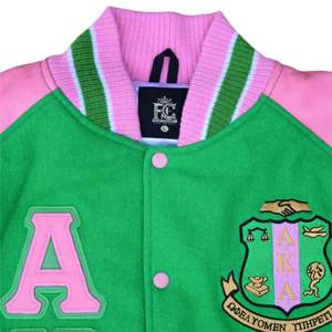 Veste Letterman pour femme corps en laine cachemire vert et manches en cuir véritable rose noir HBCU vêtements grecs veste universitaire sororité - Product Image 5