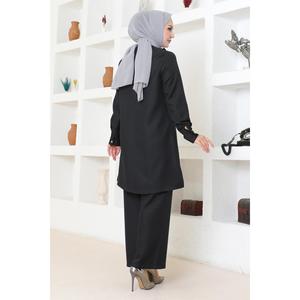 MSW19224-1 Ensemble décontracté noir 2 pièces avec détail volanté, haut asymétrique à col rond en polyester et jupe mi-longue en mousseline – Tenue d'été - Product Image 4