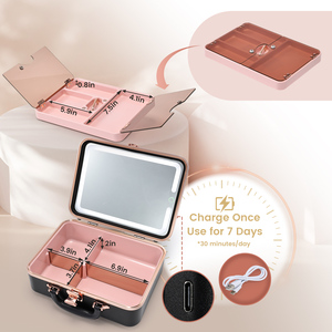 Portable <b>Makeup</b> Train <b>Case</b> with LED Mirror 3 Color Adjustable Lights Professional Cosmetic Organizer Box with Removable Tray - Product Image 2