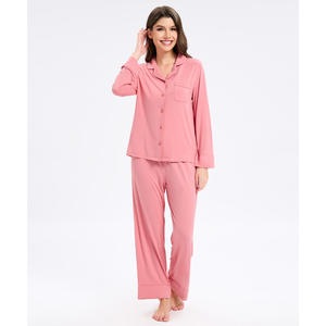 Conjuntos de Pijamas de Mujer en Viscosa de Bambú con Cuello de Solapa, Colores Sólidos, Estampados Geométricos y de Dibujos Animados, Cintura Elástica con Botones para Usar en Casa - Product Image 2