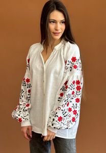 Blouse en lin blanc ukrainien Broderie florale Vyshyvanka Motif traditionnel gris rouge Tissu naturel Vêtement folklorique lavable - Product Image 6