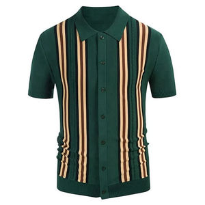 2024 nuevo verano hombres moda pulóver Tops Jersey manga corta Camiseta con solapa rayas estampado botón para Polo diseño liso - Product Image 4