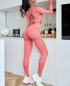 G ชุดโยคะผู้หญิงที่ให้ผลกระทบสูงเสื้อสายคล้องคอเอวด้านหน้าแต่งระบายด้านหลังเป็นรูปตัววีเลกกิ้งเนื้อแข็งระบายอากาศได้ดี - Product Image 1