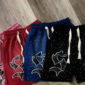Vente en gros de shorts en coton pour hommes taille élastique personnalisés strass en détresse broderie motif solide lavage à l'acide shorts pour hommes - Product Image 4