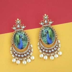 Kriaa Gold Plated Kundan <b>Peacock</b> Design Chandelier Earrings 1315119 Fashion Dangler <b>Jewelry</b> - Product Image 1