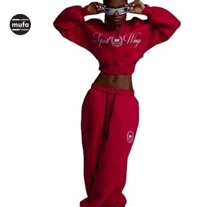 Chándales de dos piezas de moda informal, novedad de Color sólido, 100% algodón para mujer, forro polar personalizado completo de alta calidad, servicio OEM - Product Image 5