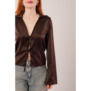 Lustrin Women's Wholesale <b>Brown</b> Satin Blouse with Elegant Front <b>Tie</b> Detail - Stylish Long Sleeve Polyester Top for Casual or - Product Image 3