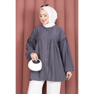 Tunique décontractée d'automne à manches ballon et détails froncés, en mousseline de soie gris fumé à motif imprimé, coupe ample, tailles XS-XL, style quotidien - Lavée - Product Image 2