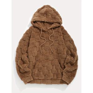 Mens Brown Textured Checkered <b>Sherpa</b> Pullover <b>Hoodie</b> with Kangaroo Pocket ODM Trackstar OEM Private Label - Product Image 1
