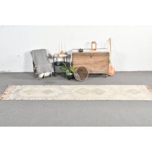 พรมตุรกีโบราณ2.4 x 11.5ft เบจขนสัตว์สานแบนพร้อมลวดลายปริศนาและยางรองดีไซน์ห้องโถงทรงสี่เหลี่ยมผืนผ้า - Product Image 1