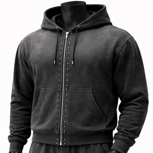 Ensemble de survêtement pour homme en molleton épais noir délavé, style vintage, avec sweat à capuche zippé et pantalon de jogging ample, personnalisable OEM - Product Image 4