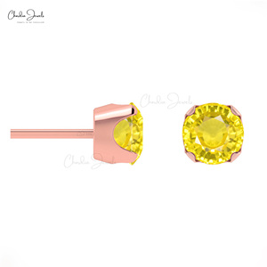 Boucles d'oreilles personnalisées en or massif 14 carats à une seule pierre de 4mm avec saphir jaune rond en vrac - Product Image 3