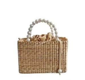 Bolso de mano de mimbre tejido a mano ecológico, bolso de mano de paja para playa, cesta de flores de ratán de imitación, mango de perlas artificiales - Product Image 4