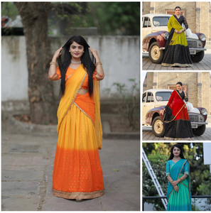 El último elegante color amarillo suave Georgette Lehenga Choli con Dupatta Rich Foil Work - Product Image 4