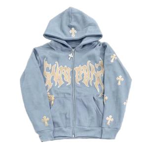 Sudadera con capucha personalizada lavada con ácido para hombre, ropa de calle de lana, apliques bordados, diamantes de imitación desgastados, cremallera, liso Digital de invierno - Product Image 4