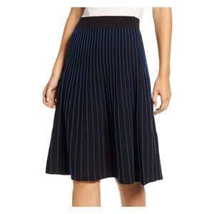 Anne Klein Women's Striped Pleated <b>Skirt</b> Below the Knee <b>Elastic</b> Waist Black Size Large - Product Image 2