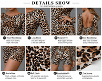 Combinaison courte moulante à manches longues imprimé léopard pour femme, dos nu, vente en gros personnalisée OEM ODM