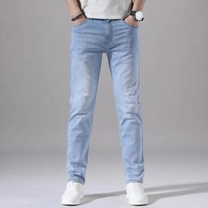 2025 dernière conception Logo personnalisé enduit hommes taille haute léger Style droit Denim pantalon taille élastique grande taille mi 100% coton - Product Image 3