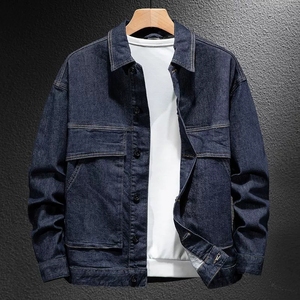 Chaqueta de mezclilla de estilo motorista versátil lavado azul oscuro para hombres Sehe Fashion - Product Image 1