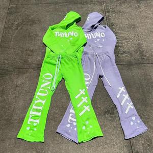 High Quality Custom Distressed <b>Applique</b> Embroidery 500GSM Cotton Pullover Hoodies and Sweatpants Set Luxury Tracksuits for Men - Product Image 1