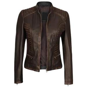Veste de moto en cuir véritable imprimée pour femme, décontractée, unie, à capuche, manches longues évasées, taille haute, style streetwear, en laine - Product Image 5