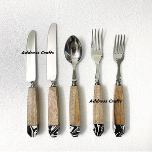 High Grade 100% Natural Bamboo Handle Flatware Set 18/10 Stainless Steel Spoon <b>Fork</b> Knife <b>Dessert</b> Serving Dinnerware Cutlery Set - Product Image 3