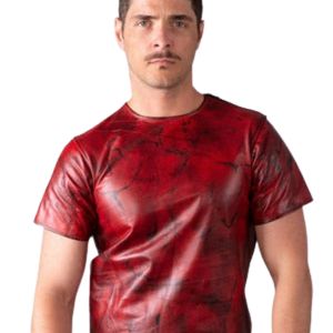 T-shirt en cuir rouge vieilli effet faux cuir pour homme, style clubwear fétiche, col rond, haut tendance - Product Image 1