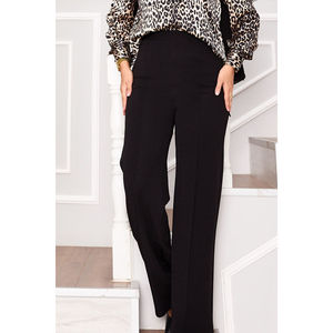 Pantalon palazzo noir pour femme avec taille haute élastiquée, en crêpe respirant, coupe large, technique de teinture unie - Product Image 3