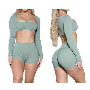 Soutien-gorge de Yoga à manches longues et short taille moyenne ensembles femmes personnalisé Gym deux pièces entraînement Fitness vêtements athlétiques vêtements de sport - Product Image 1