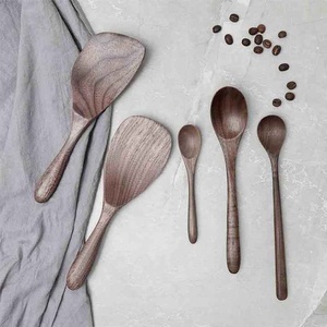 Ensemble de vaisselle en bois de noyer noir massif écologique Petites cuillères et fourchette de service à soupe de luxe pour dessert, café, thé - Product Image 4