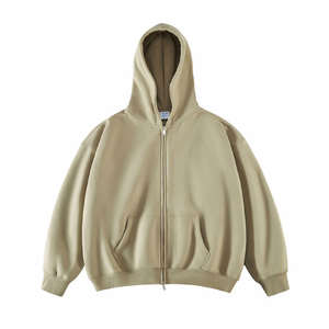 Sweat à capuche zippé beige d'hiver avec poche kangourou, motif uni tricoté, technique délavée - Product Image 1