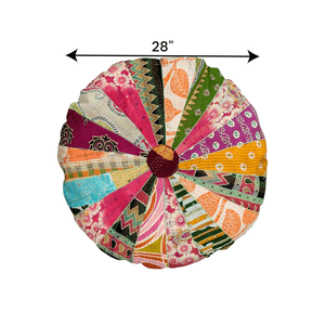 Funda de Cojín Redonda Hecha a Mano con Diseño Kantha Multicolor de 28x5 Pulgadas, Funda de Cojín de Lujo para Sofá de Algodón - Product Image 3