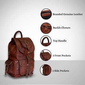 Genuine <b>Leather</b> Vintage <b>Backpack</b> for <b>Men</b> Women Lightweight Portable with Buckle Closure Top Handle Multiple Storage Pockets - Product Image 5
