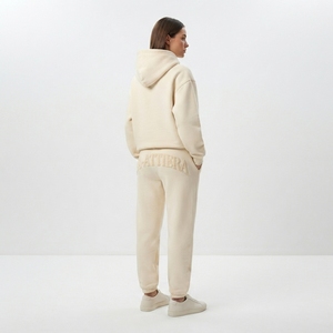 Ensemble de survêtement en molleton crème pour femme, sweat-shirt à capuche et pantalon de jogging, broderie ton sur ton, vêtements décontractés, vêtements de sport - Product Image 2