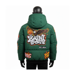 แจ็กเก็ตขนเป็ดผ้าไนลอนโพลีเอสเตอร์300GSM แบบพรีเมียมเสื้อแจ็คเก็ตขนเป็ดดีไซน์โลโก้สีเขียวสำหรับผู้ชาย - Product Image 2