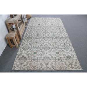 Tapis vintage turc écologique en patchwork 4,6x8,6 pieds, vert, en laine orientale avec envers en latex - Product Image 1