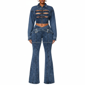Nuevo conjunto de mezclilla de dos piezas para mujer, top corto sexy con cremallera y jeans acampanados con hebilla cruzada, conjunto de ropa urbana de 2 piezas - Product Image 1