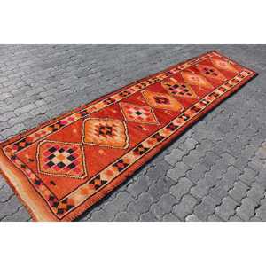 Vintage Turkish <b>Rug</b>, <b>Runner</b> 3x12.1 ft (91x370 cm) <b>Rug</b>, Orange Moroccan Wool <b>Rug</b> - Product Image 3