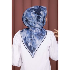 <b>Navy</b> Blue Floral Pattern Silk Square Scarf 90x90 cm for Women - Product Image 4