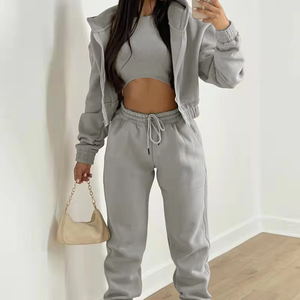 Women's Two Piece Casual Set Long Sleeve <b>Zip</b> Hoodie + Ribbed Tank Top + Knee High Waist Sweatpants <b>Jogger</b> Pants Sporty Outfit - Product Image 2