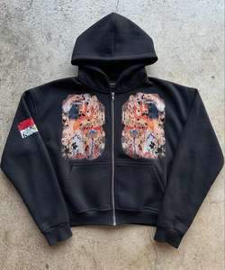 Distressed <b>Zip</b> Heavyweight Oversized <b>Graphic</b> Vintage Print <b>Hoodie</b> Anti-Wrinkle Plus Size XL Streetwear Cotton - Product Image 3